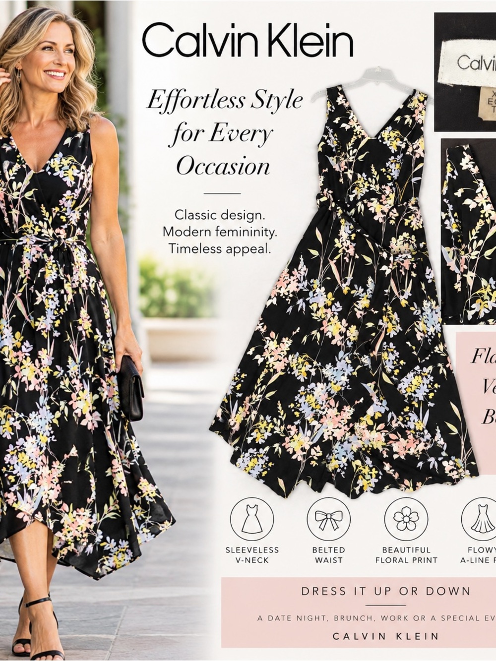 Calvin Klein Black Floral V-Neck Midi Dress